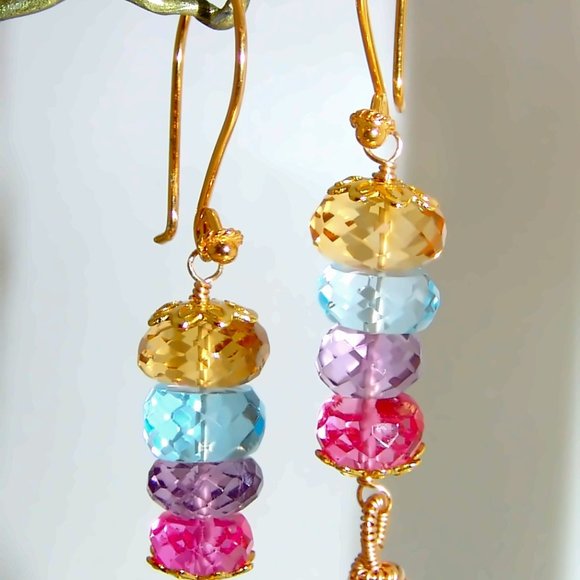 18k Gold Sterling Amethyst Multi Gemstones Chandelier Earrings Jewelry - Picture 5 of 7